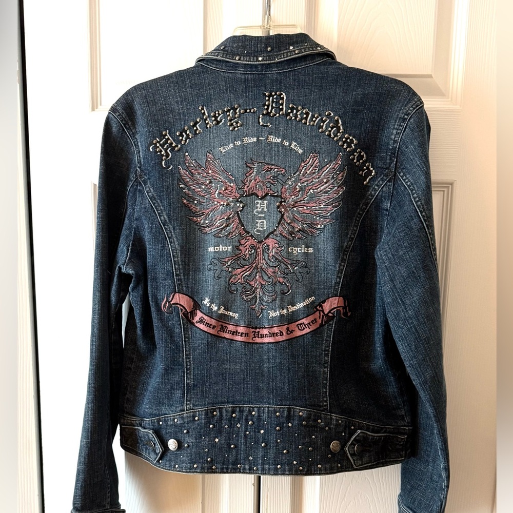 Harley-Davidson Denim Jacket with Studs and Pink Embroidery, Size Large